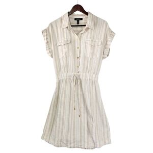 Ellen Tracy Linen Blend Shirt Dress Medium Beige White Striped Drawstring Waist